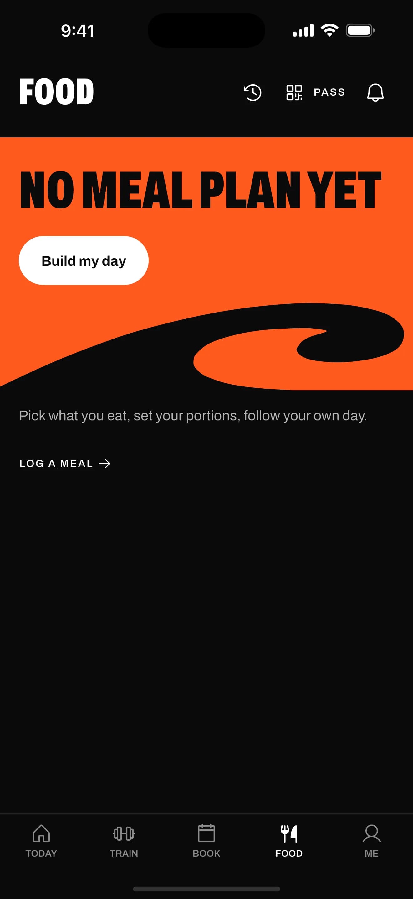 The Food screen with no meal plan yet, and buttons to build the day or log a meal