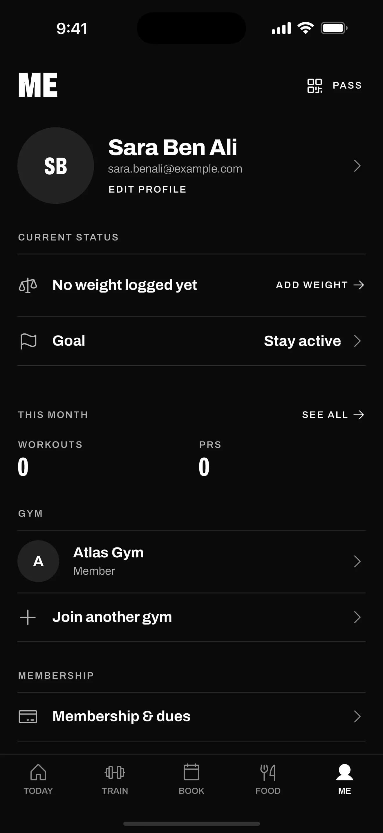 The Me screen with the member's profile, goal, this month's workouts and records, gym and membership