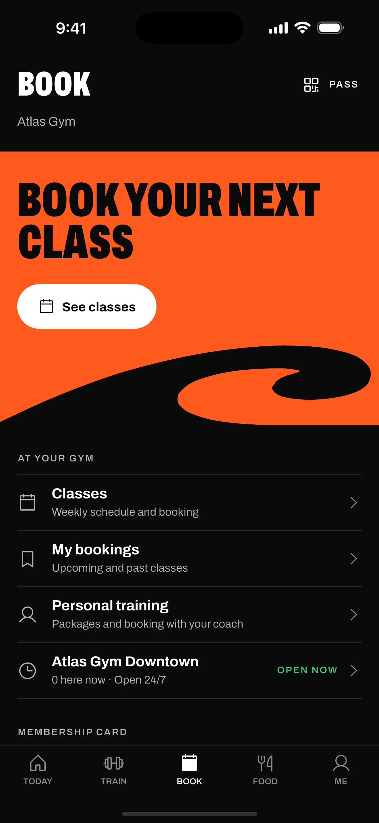 The Book screen of the member app with the week's classes