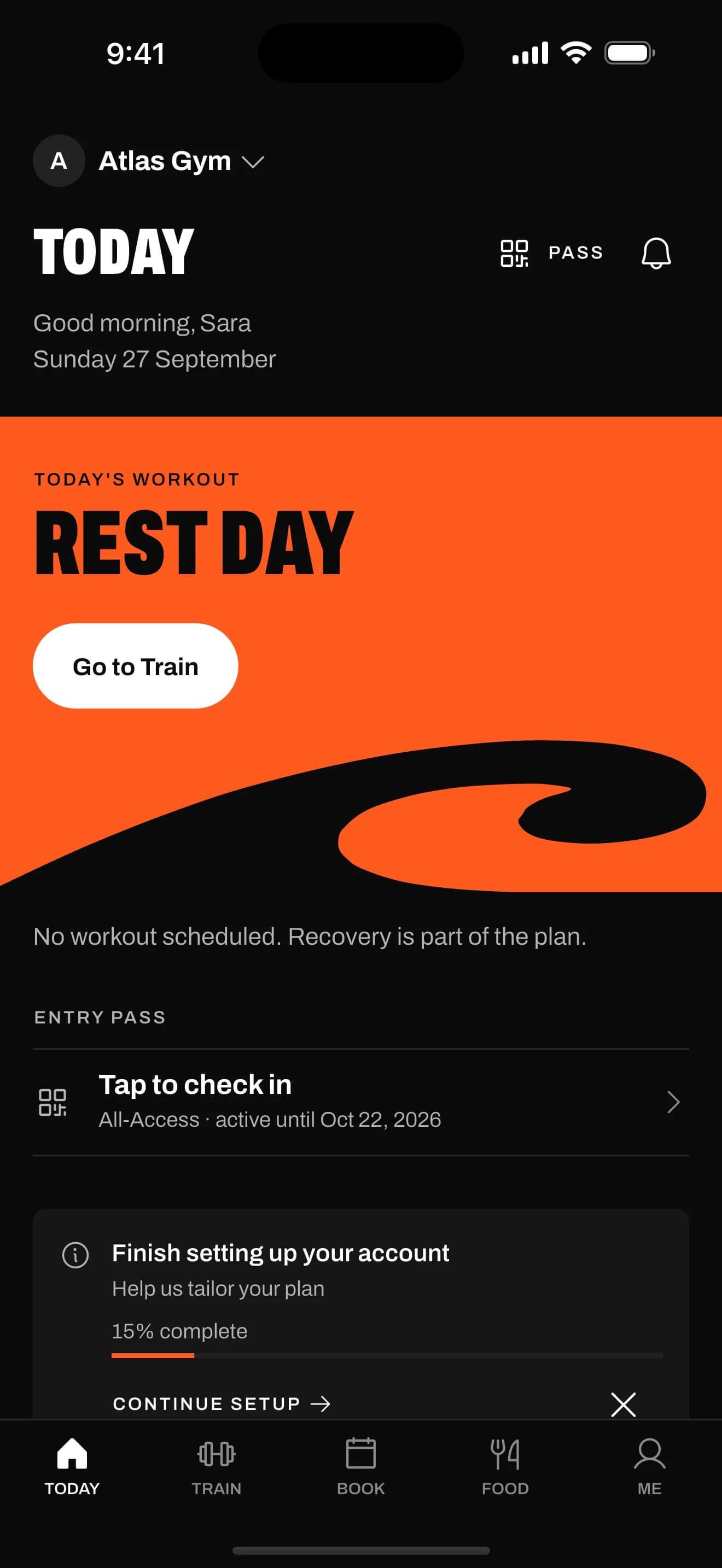 The Today screen of the wavy member app, with the entry pass