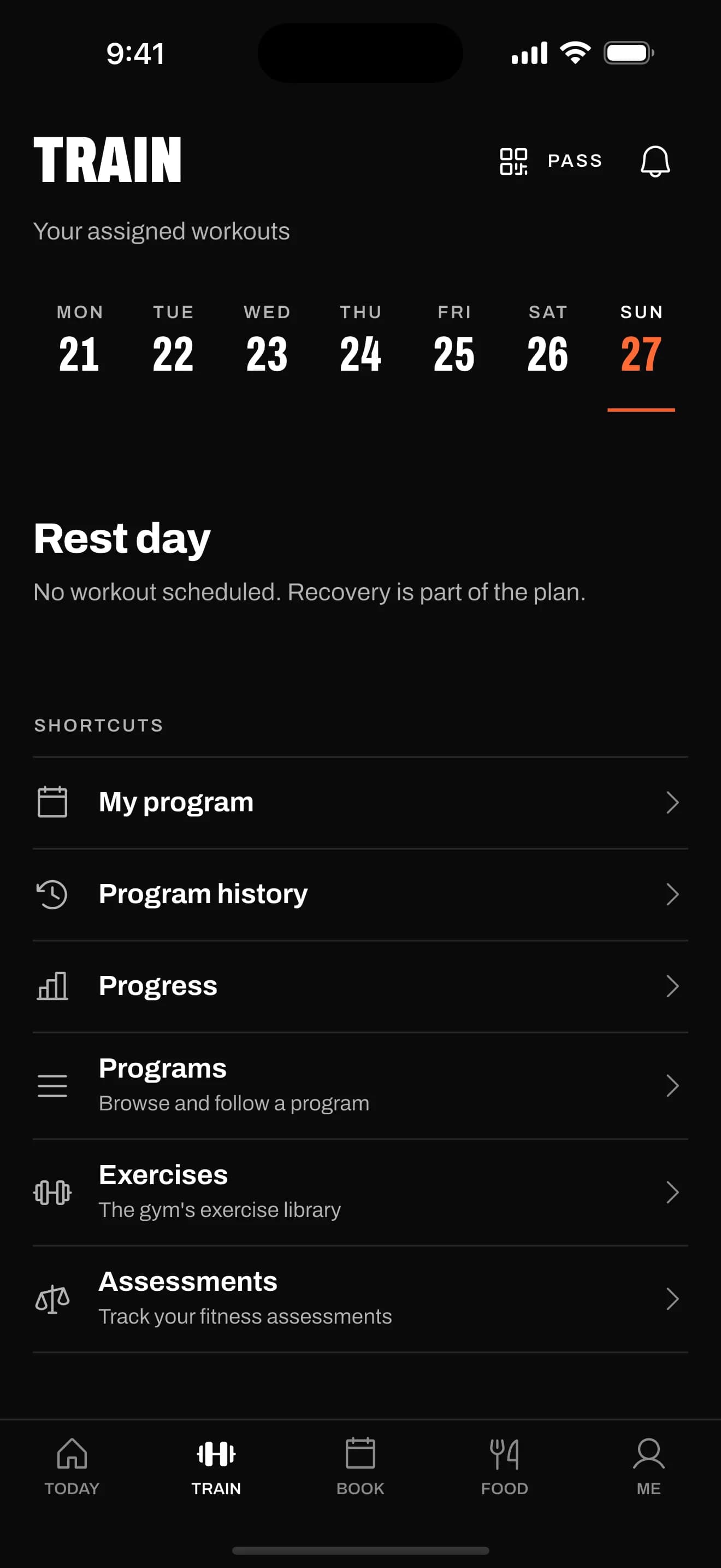 The Train screen of the member app with the day's workout