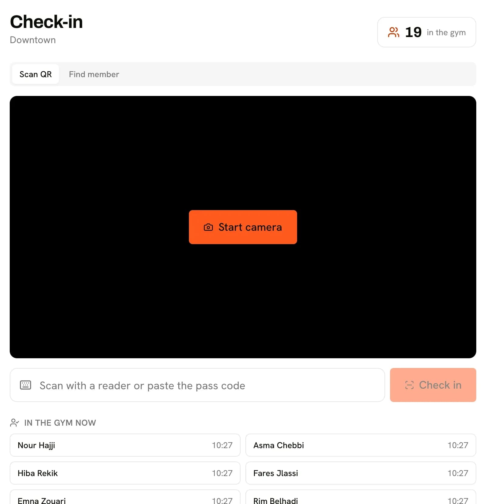 The front desk check-in screen with a member's plan and status