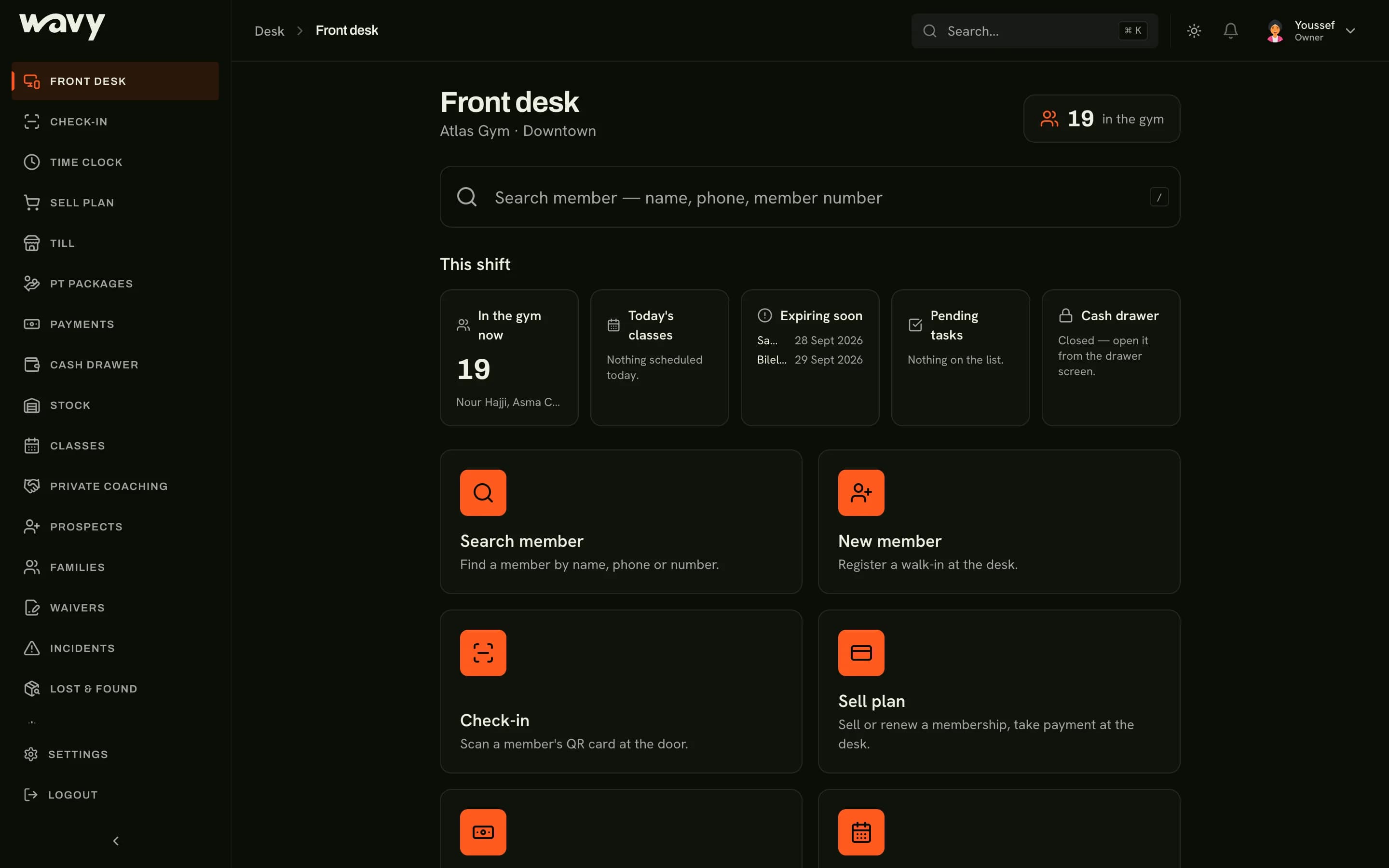 The wavy dashboard for a gym, open on the front desk