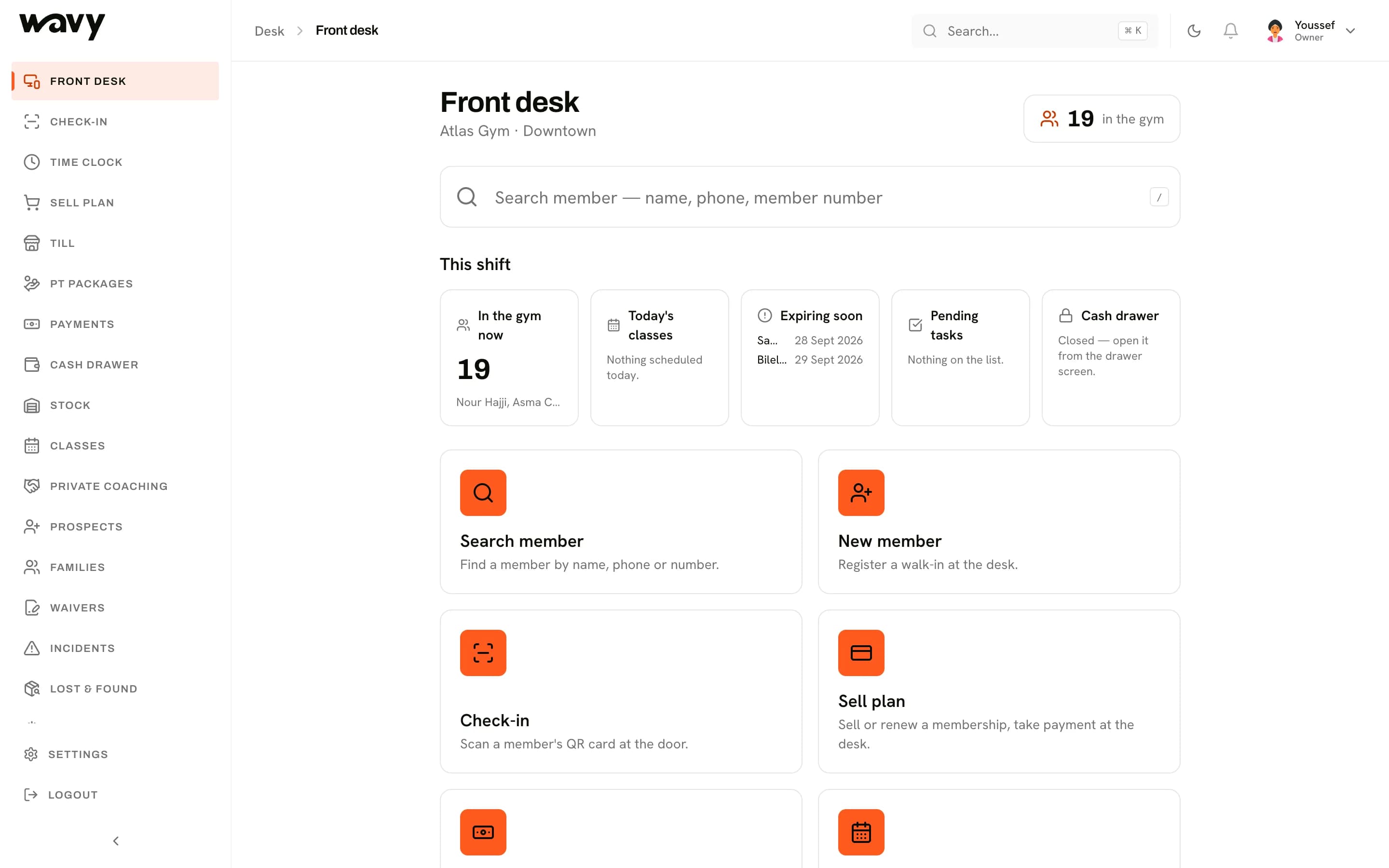 The wavy dashboard for a gym, open on the front desk