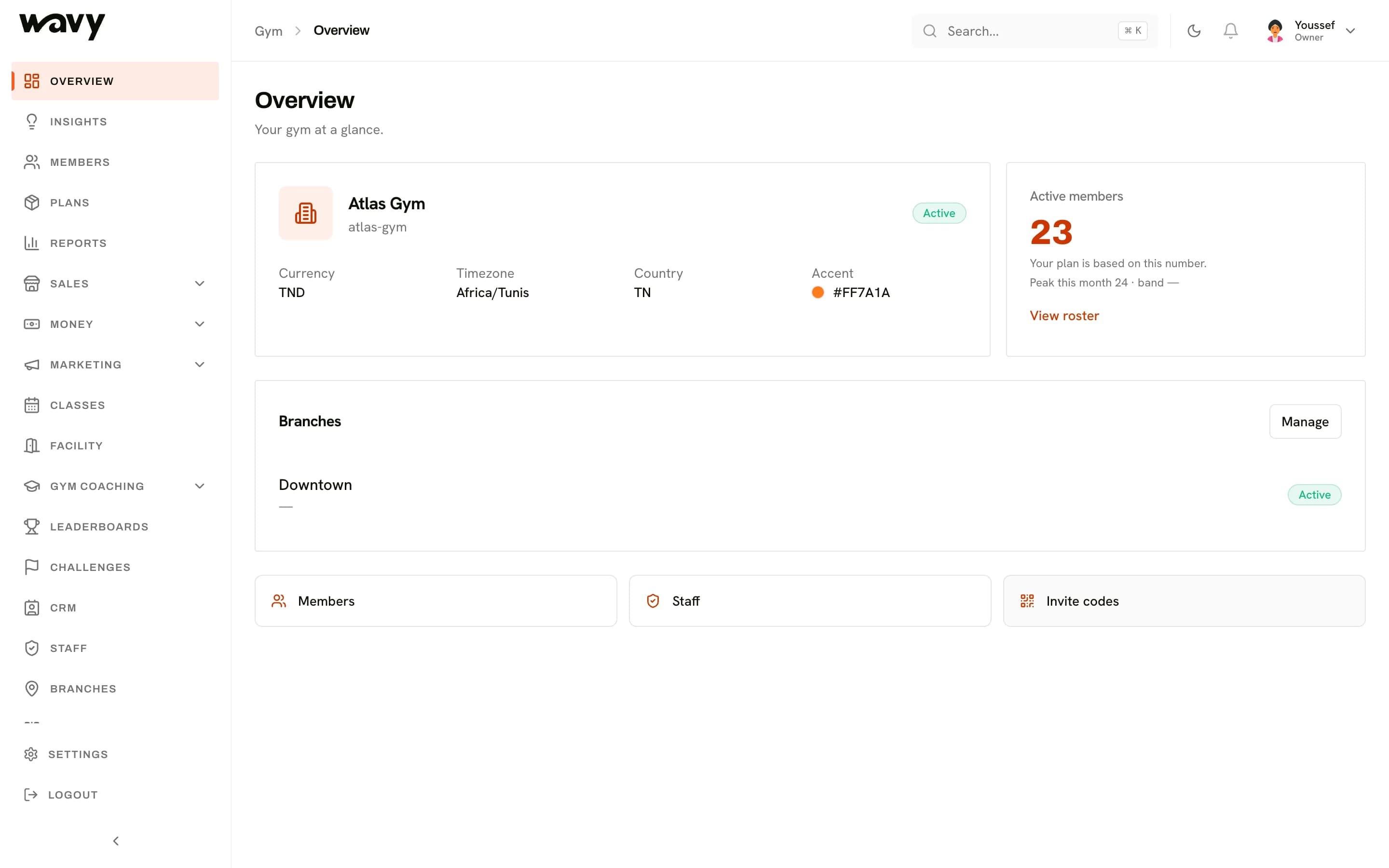 The wavy dashboard overview of a gym