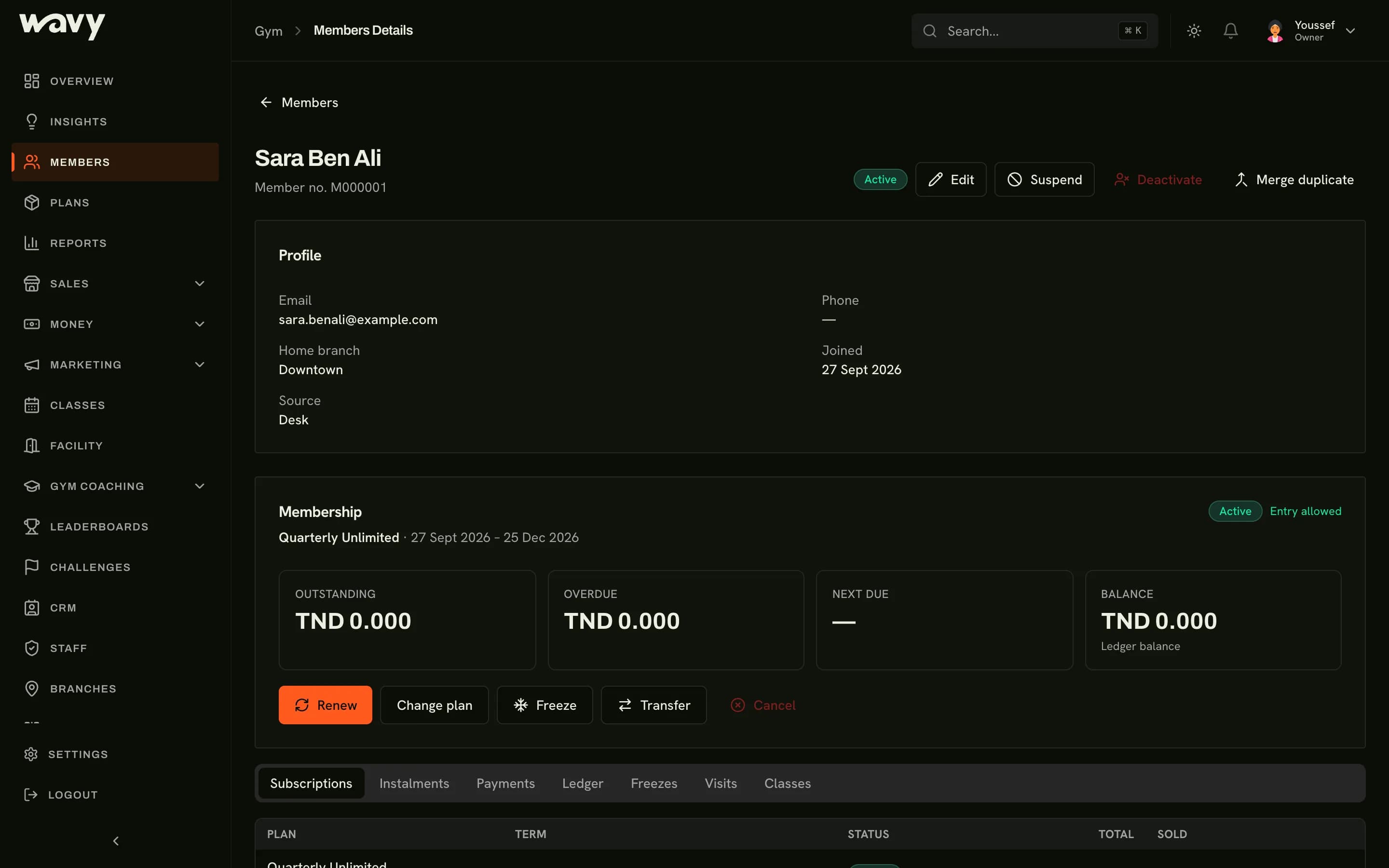 A member's file in the wavy dashboard