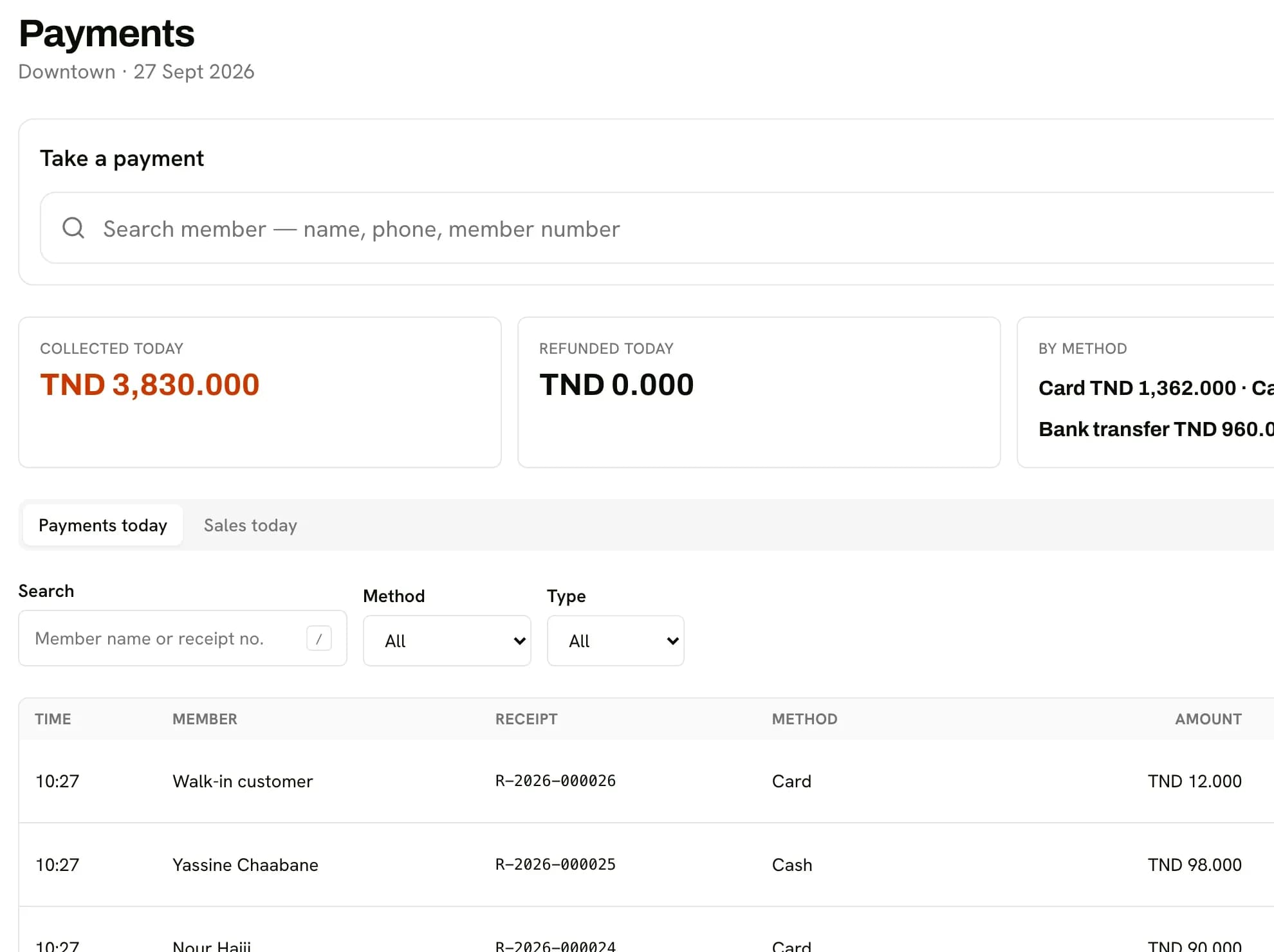 The front desk screen for selling a plan and recording a payment