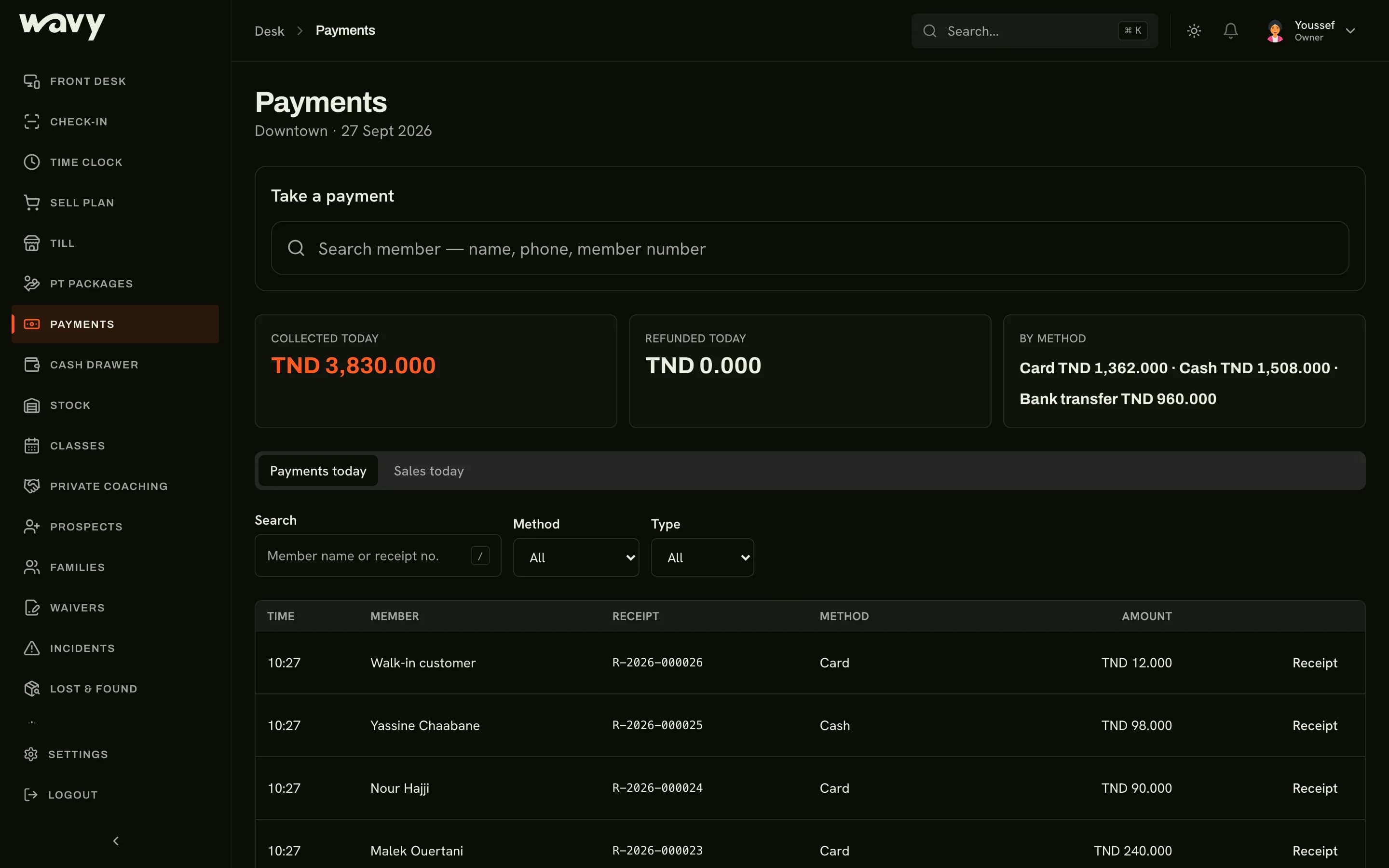 The payments list in the wavy dashboard