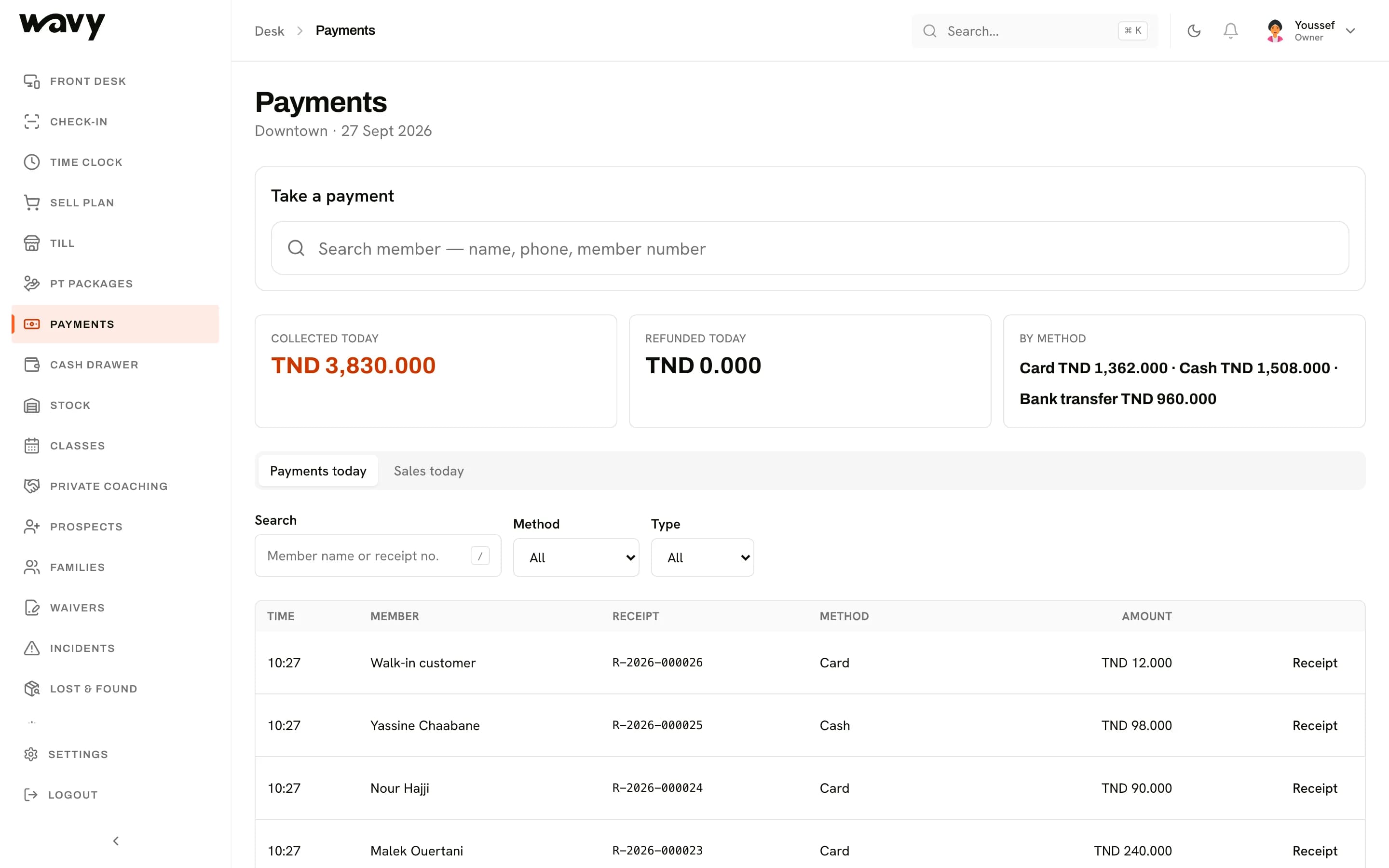 The payments list in the wavy dashboard
